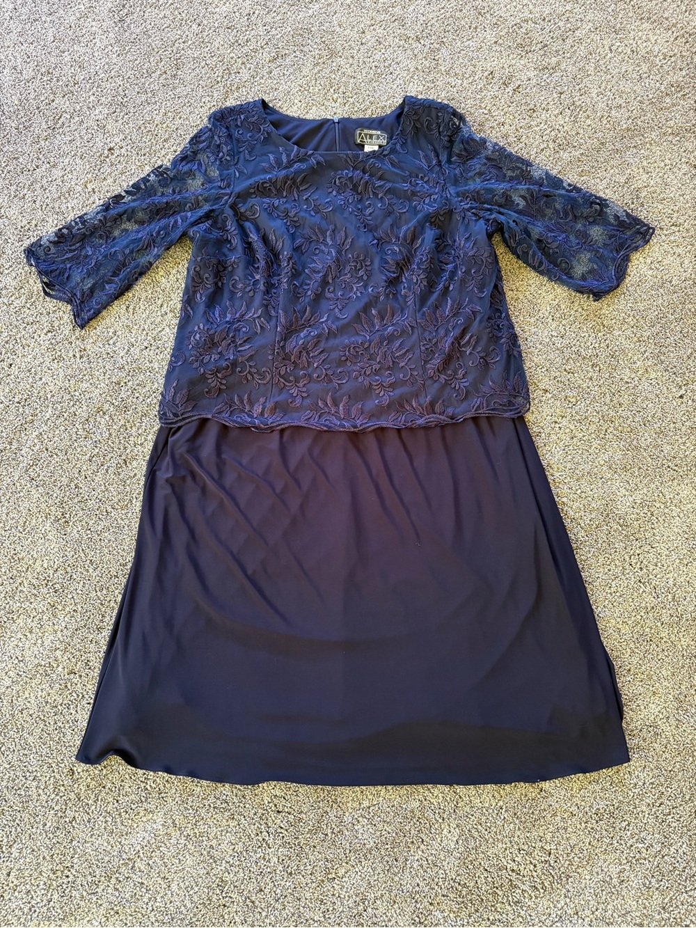 Alex Evenings Mock Two Piece Dark Blue Floral Lace Dress Women’s 22W 3/4 Sleeves